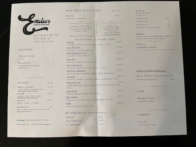 an example of the soft opening menu at a new pizza restaurant in Fort Mill